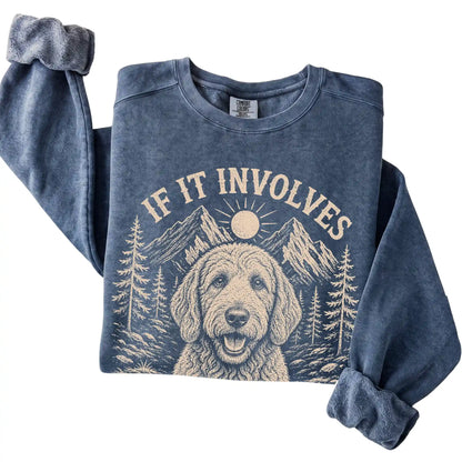 Denim Comfort Colors® sweatshirt featuring Hiking and Labradoodles, folded presentation