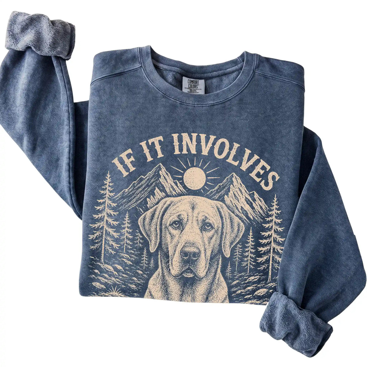 Denim Comfort Colors® sweatshirt featuring Hiking and Labrador Retrievers, folded presentation
