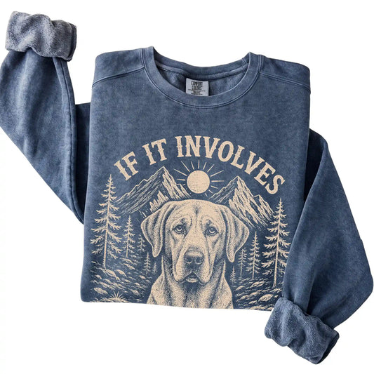 Denim Comfort Colors® sweatshirt featuring Hiking and Labrador Retrievers, folded presentation