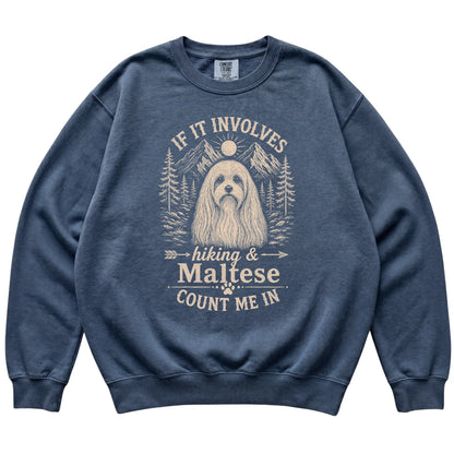 Denim Comfort Colors® sweatshirt featuring Hiking and Maltese, laid-flat presentation