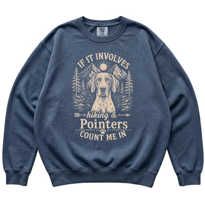 Denim Comfort Colors® sweatshirt featuring Hiking and Pointers, laid-flat presentation