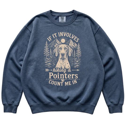 Denim Comfort Colors® sweatshirt featuring Hiking and Pointers, laid-flat presentation