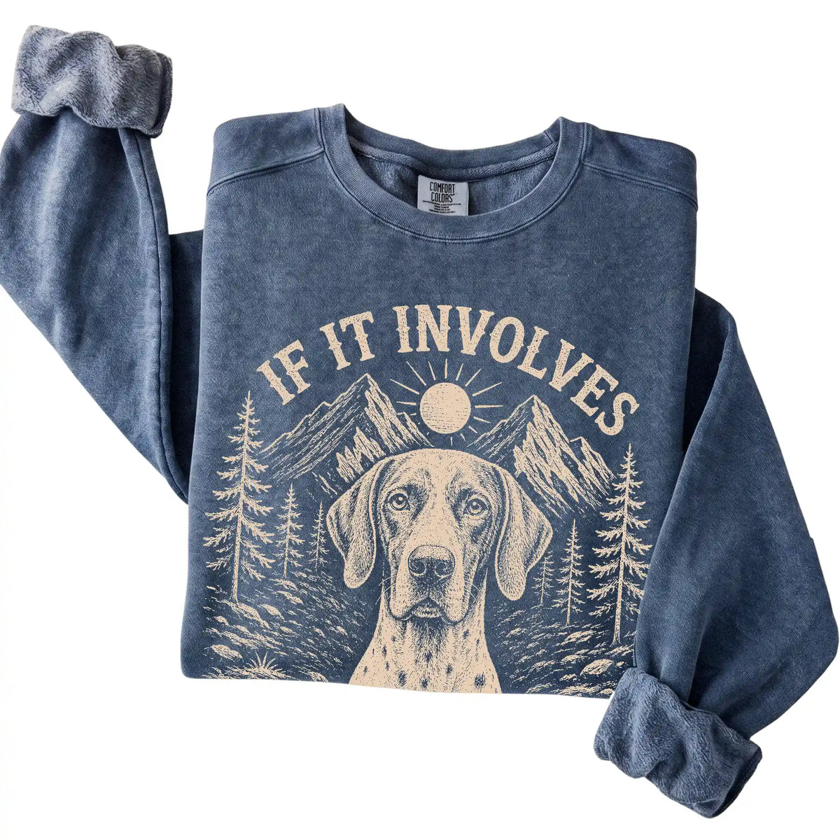 Denim Comfort Colors® sweatshirt featuring Hiking and Pointers, folded presentation