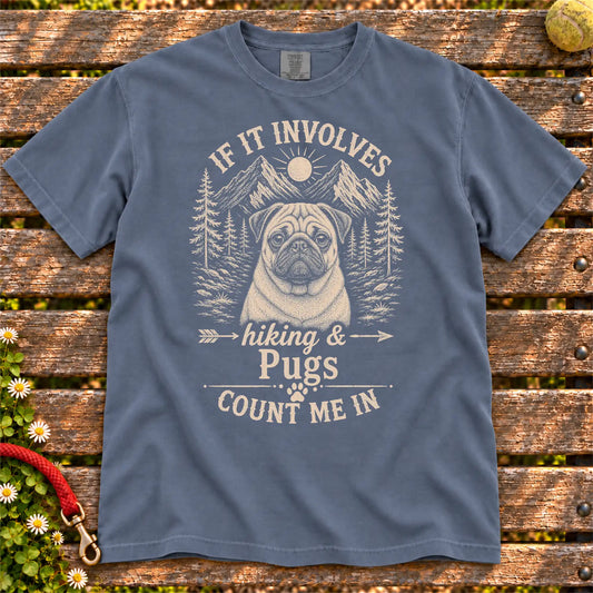 Hiking and Pugs design on a Denim Comfort Colors T-shirt, shown flat