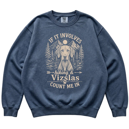 Denim Comfort Colors® sweatshirt featuring Hiking and Vizslas, laid-flat presentation