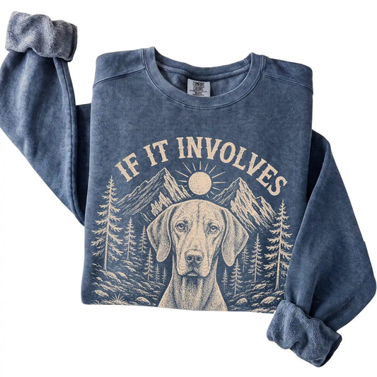 Denim Comfort Colors® sweatshirt featuring Hiking and Vizslas, folded presentation