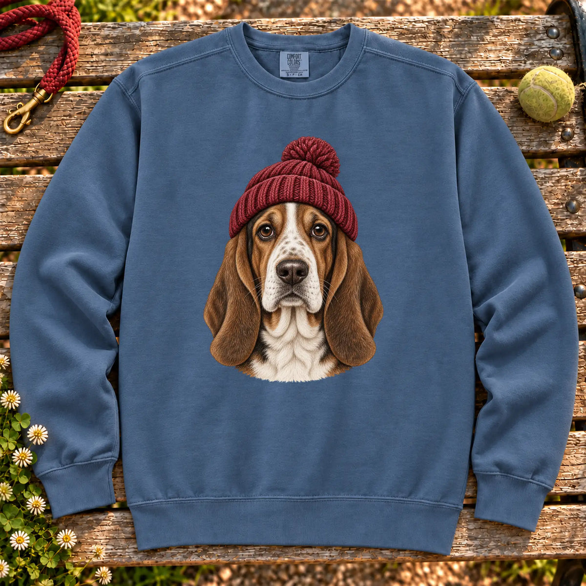 Denim Basset Hound hipster sweatshirt with a dog portrait in a chunky maroon beanie