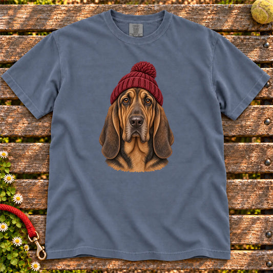 Denim Bloodhound hipster T-shirt with a dog portrait in a chunky maroon beanie