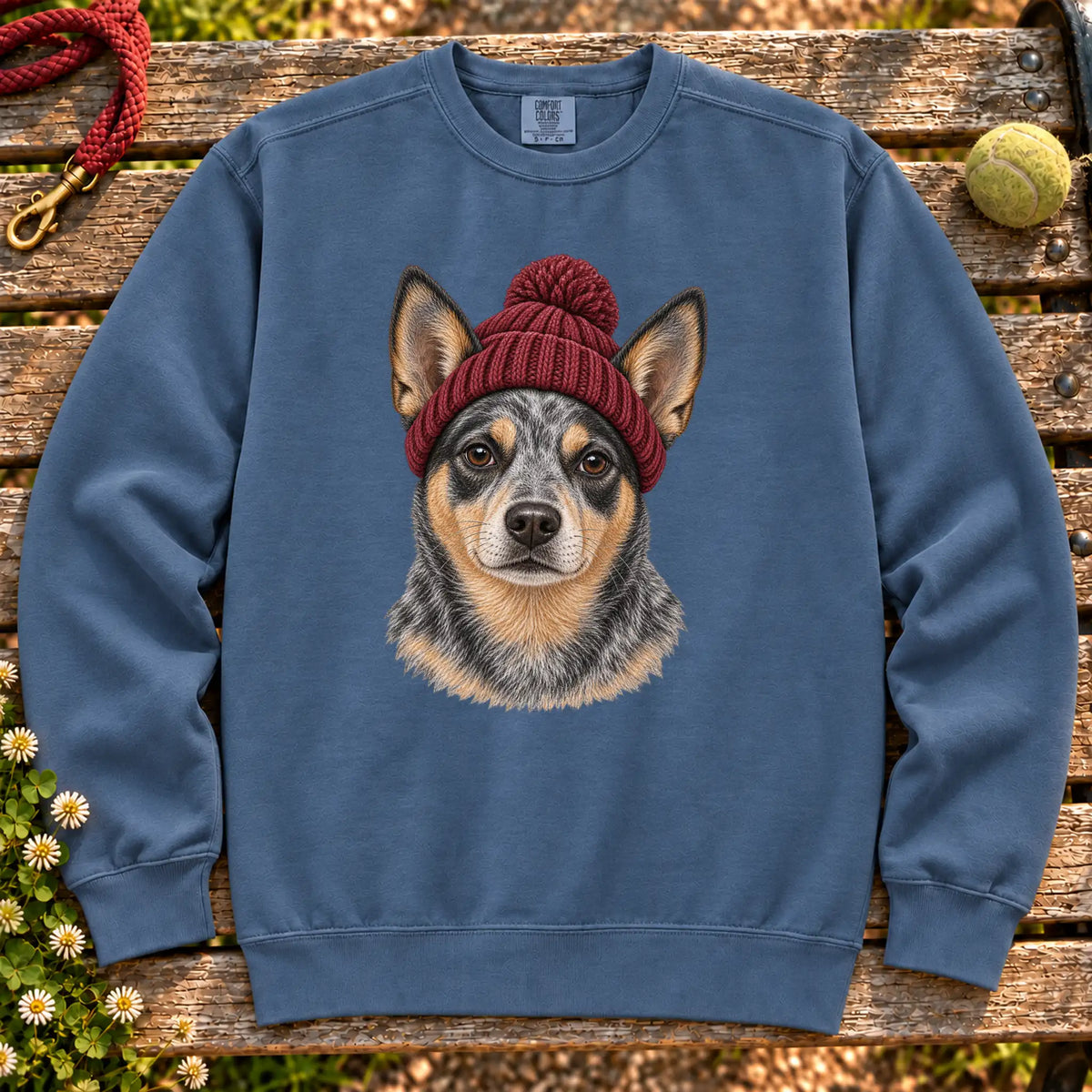 Denim Blue Heeler hipster sweatshirt with a dog portrait in a chunky maroon beanie