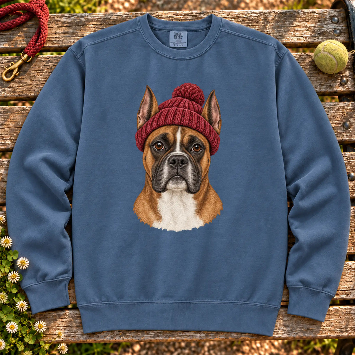 Denim Boxer hipster sweatshirt with a dog portrait in a chunky maroon beanie