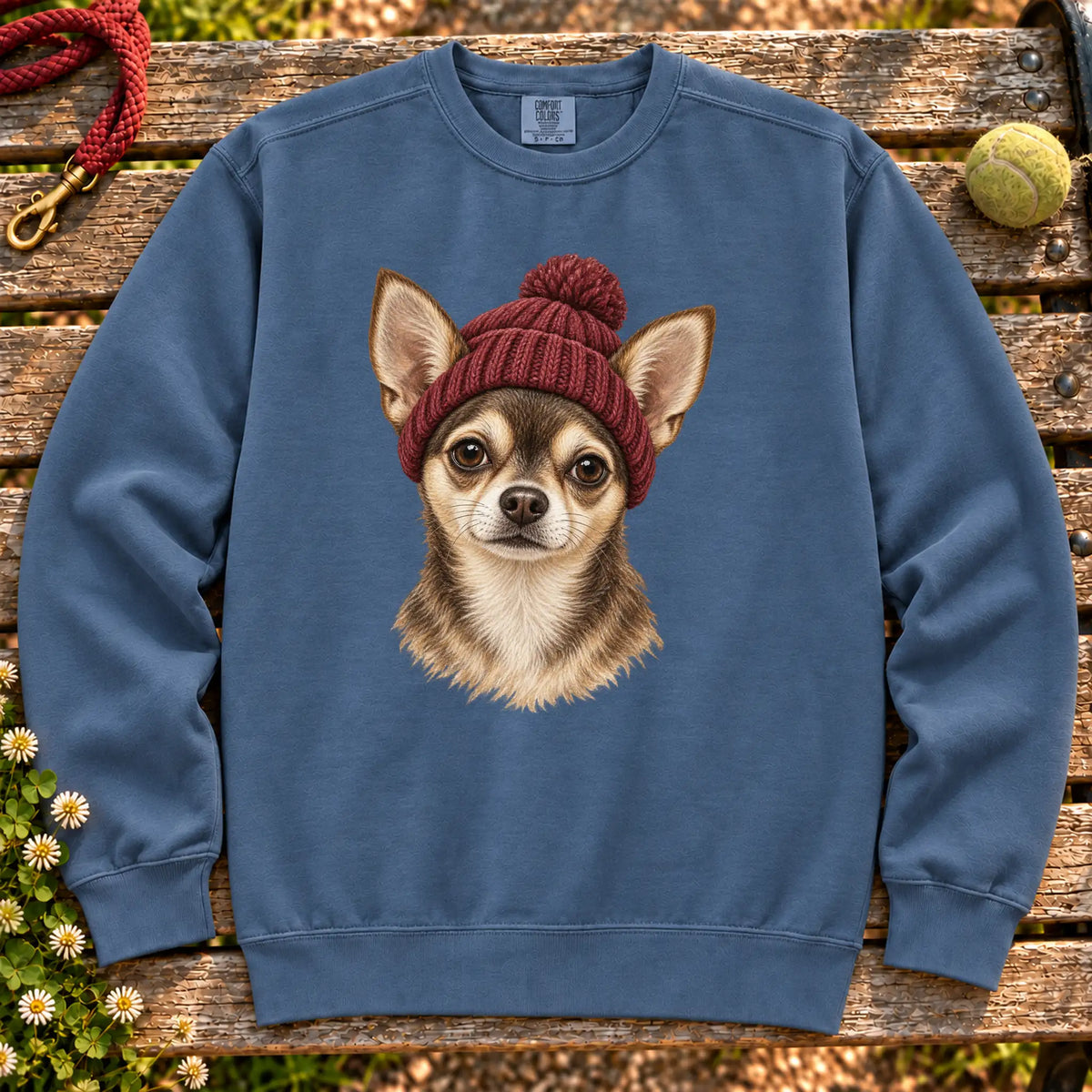 Denim Chihuahua hipster sweatshirt with a dog portrait in a chunky maroon beanie
