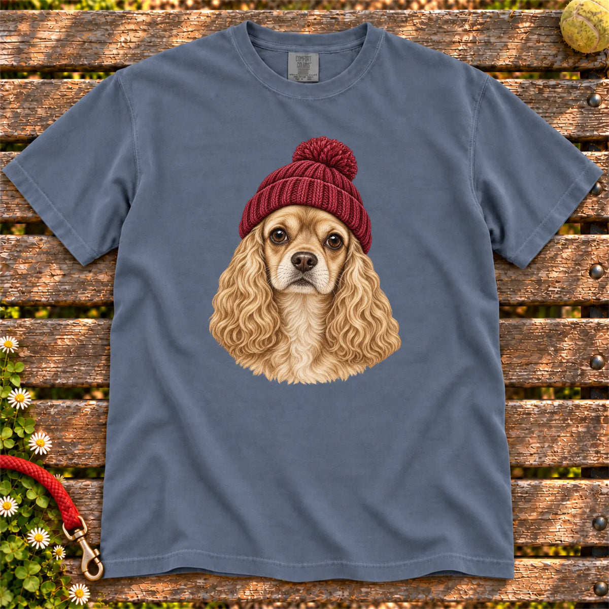 Denim Cocker Spaniel hipster T-shirt with a dog portrait in a chunky maroon beanie