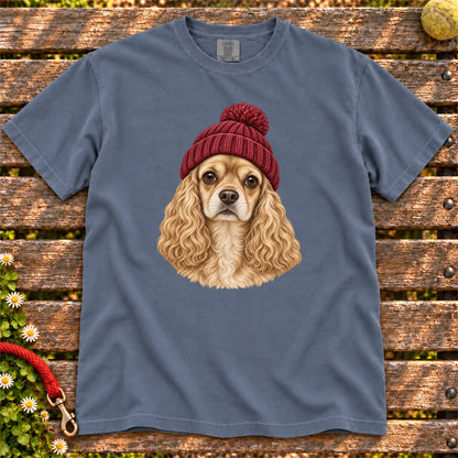 Denim Cocker Spaniel hipster T-shirt with a dog portrait in a chunky maroon beanie