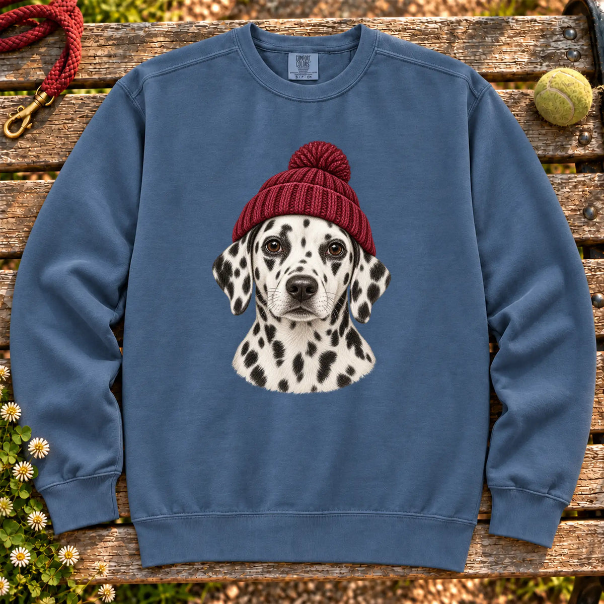Denim Dalmatian hipster sweatshirt with a dog portrait in a chunky maroon beanie