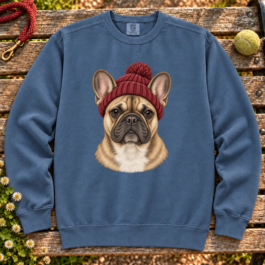 Denim French Bulldog hipster sweatshirt with a dog portrait in a chunky maroon beanie