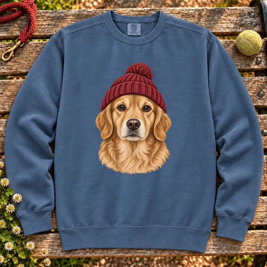 Denim Golden Retriever hipster sweatshirt with a dog portrait in a chunky maroon beanie
