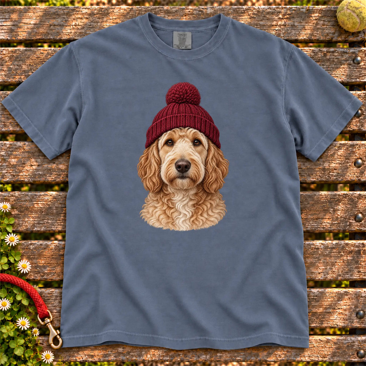 Denim Goldendoodle hipster T-shirt with a dog portrait in a chunky maroon beanie