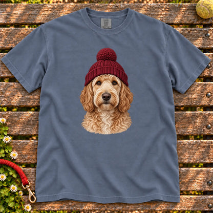 Denim Goldendoodle hipster T-shirt with a dog portrait in a chunky maroon beanie