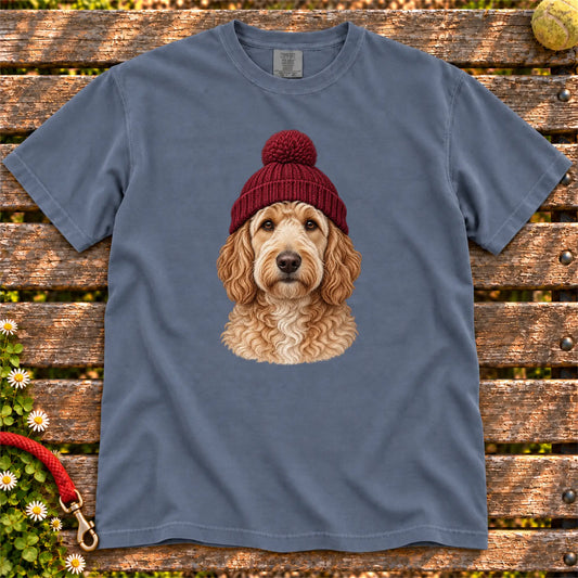 Denim Goldendoodle hipster T-shirt with a dog portrait in a chunky maroon beanie