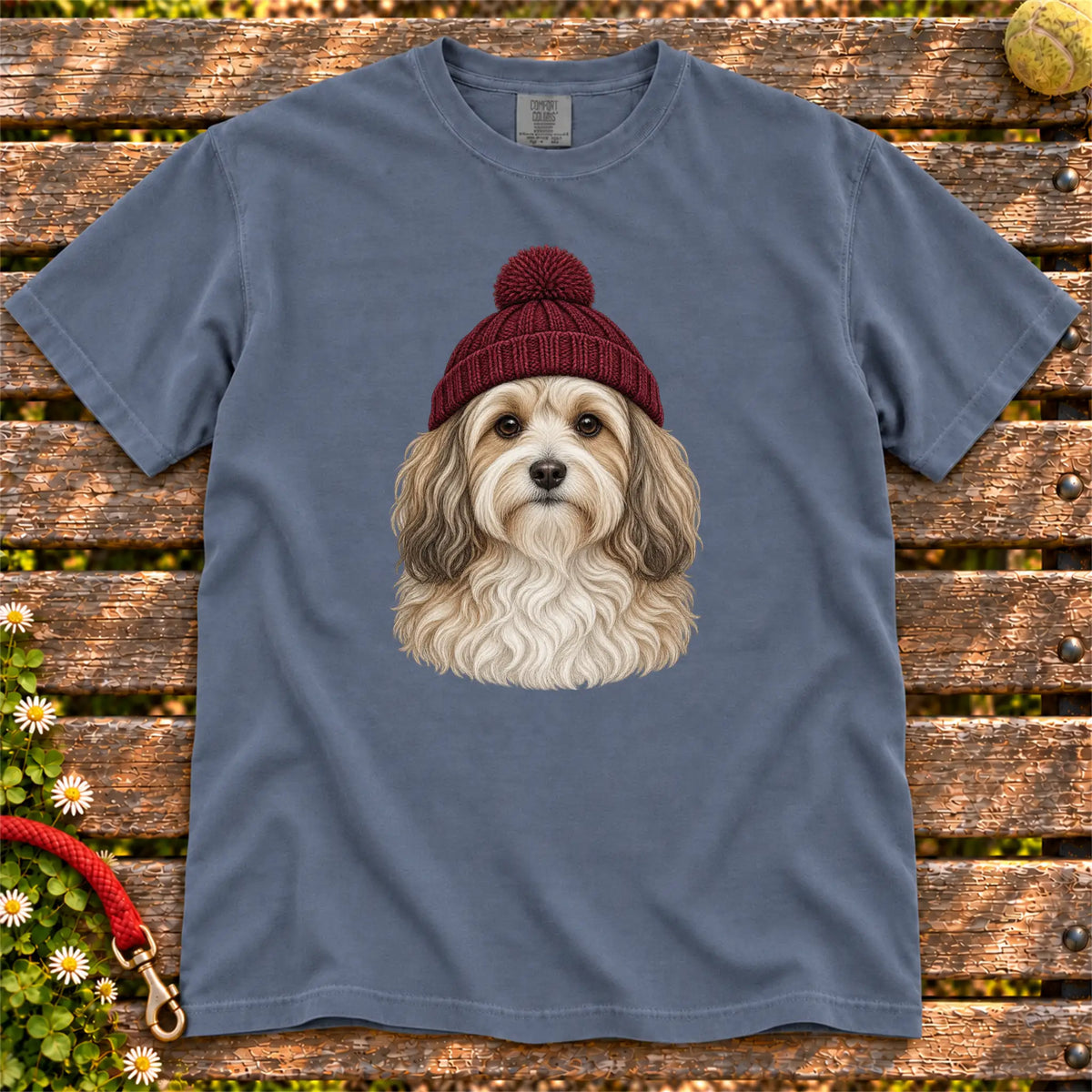 Denim Havanese hipster T-shirt with a dog portrait in a chunky maroon beanie