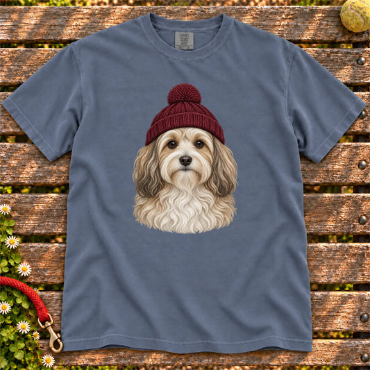 Denim Havanese hipster T-shirt with a dog portrait in a chunky maroon beanie