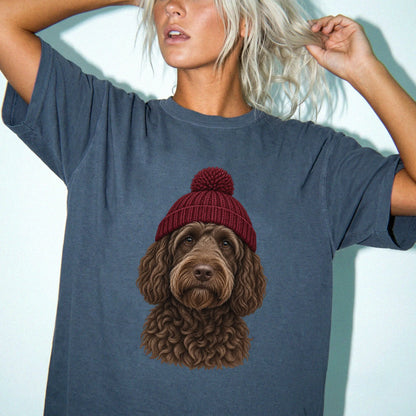 Woman wearing a Denim Labradoodle hipster T-shirt with a maroon-beanie dog portrait