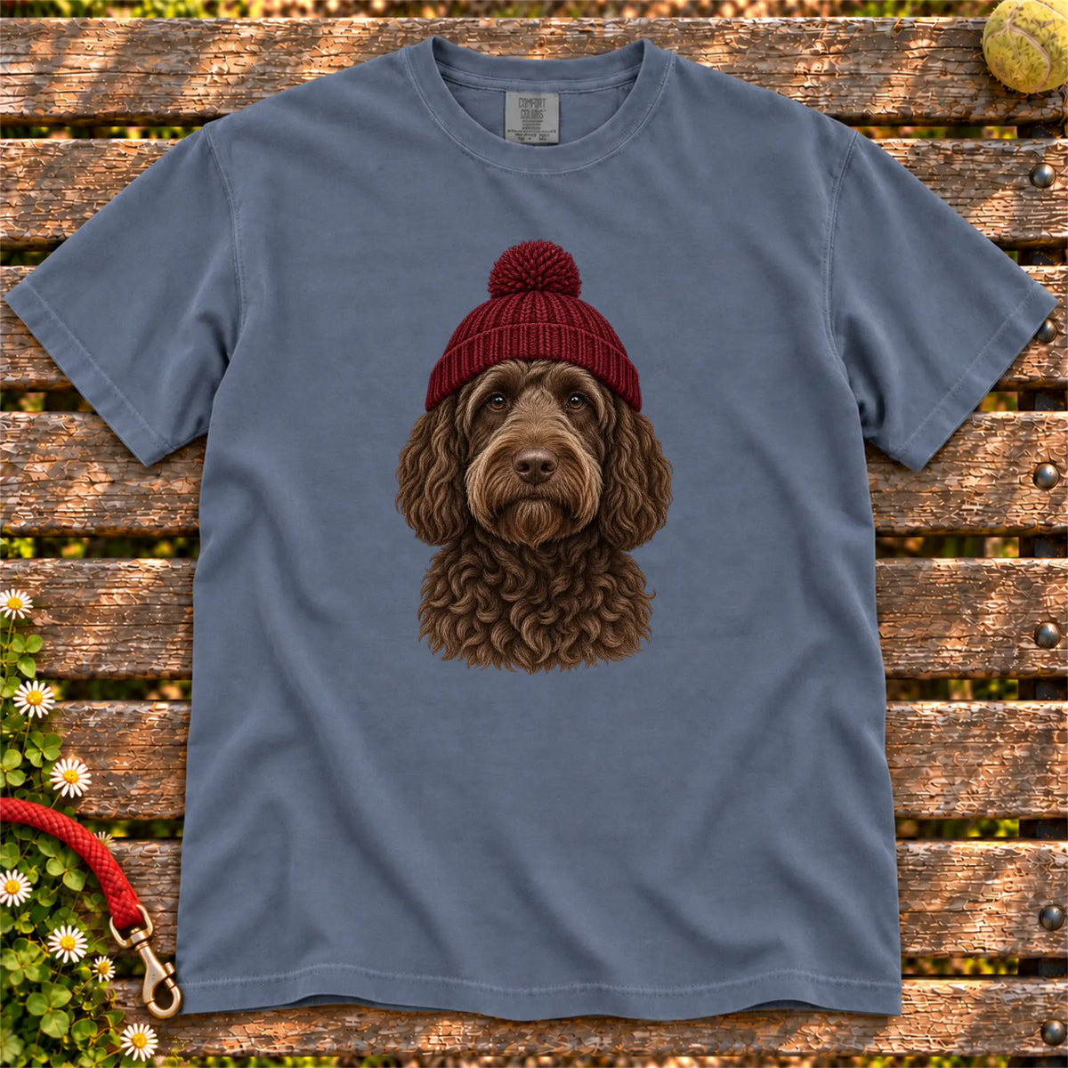 Denim Labradoodle hipster T-shirt with a dog portrait in a chunky maroon beanie