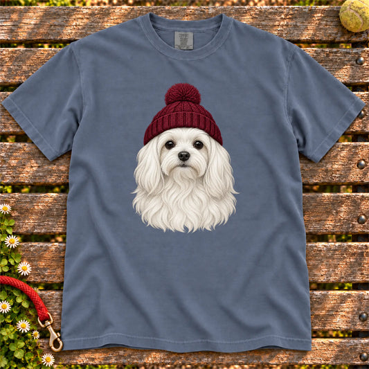 Denim Maltese hipster T-shirt with a dog portrait in a chunky maroon beanie