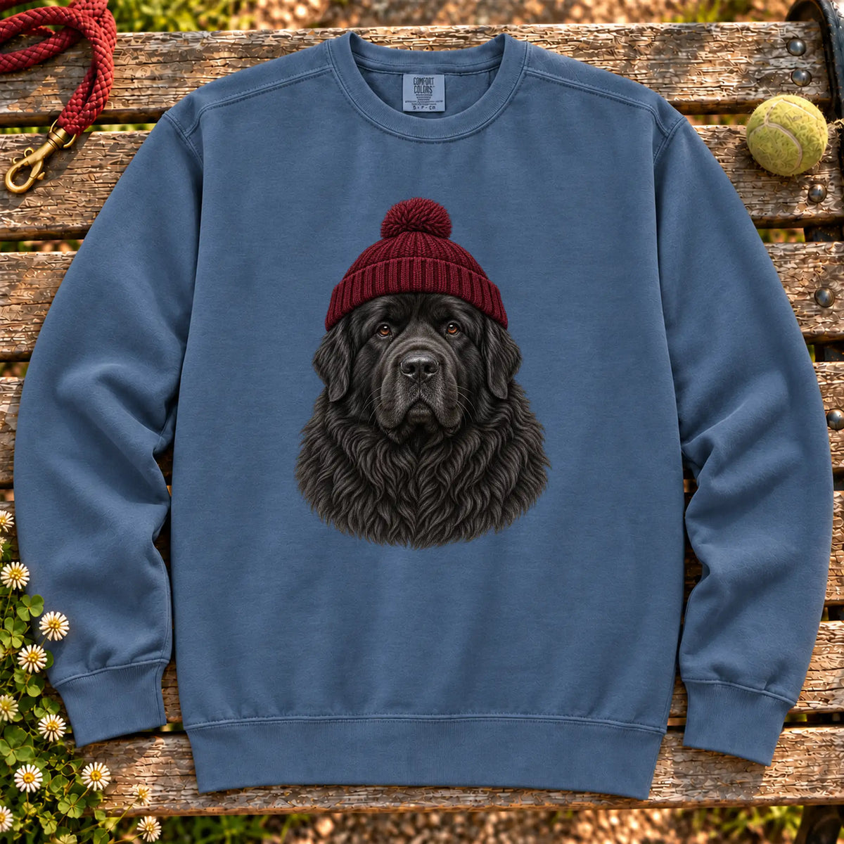 Denim Newfie hipster sweatshirt with a dog portrait in a chunky maroon beanie
