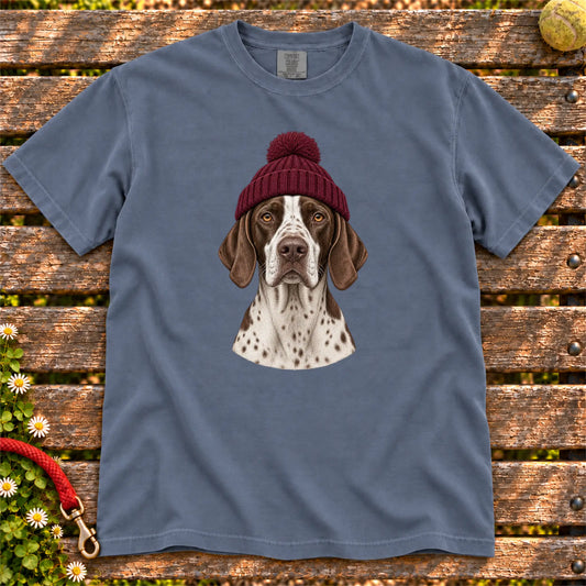 Denim Pointer hipster T-shirt with a dog portrait in a chunky maroon beanie