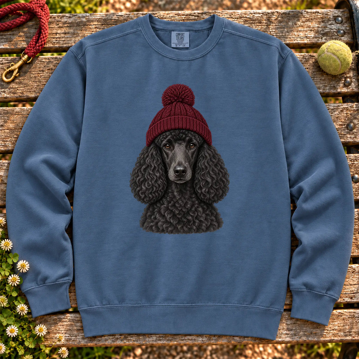 Denim Poodle hipster sweatshirt with a dog portrait in a chunky maroon beanie