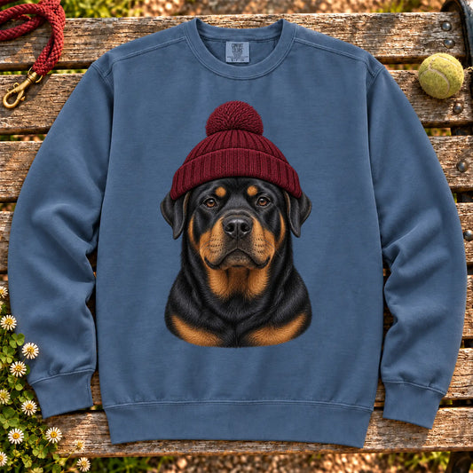Denim Rottweiler hipster sweatshirt with a dog portrait in a chunky maroon beanie