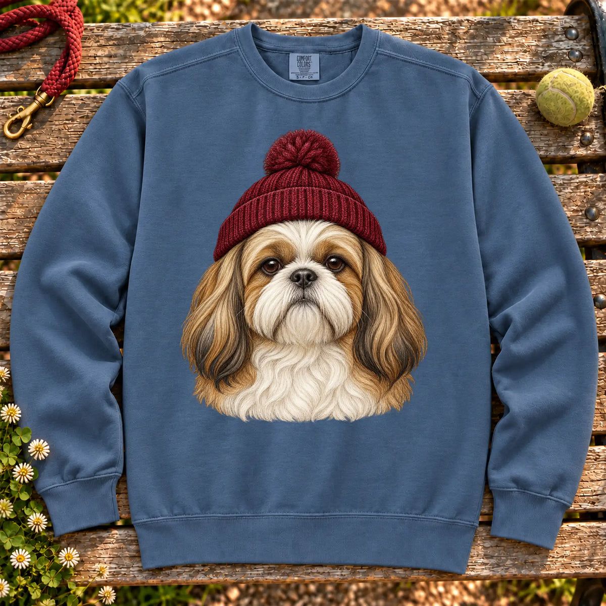Denim Shih Tzu hipster sweatshirt with a dog portrait in a chunky maroon beanie