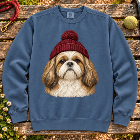 Denim Shih Tzu hipster sweatshirt with a dog portrait in a chunky maroon beanie