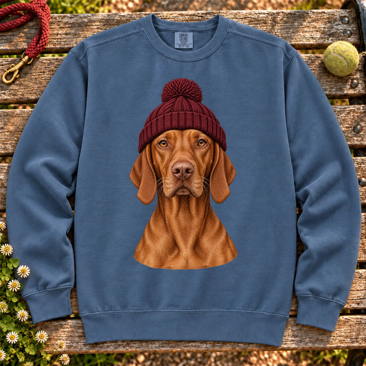 Denim Vizsla hipster sweatshirt with a dog portrait in a chunky maroon beanie