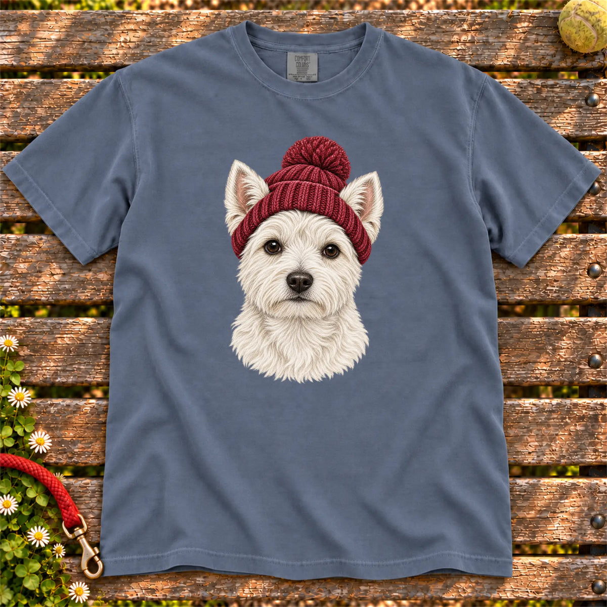 Denim Westie hipster T-shirt with a dog portrait in a chunky maroon beanie