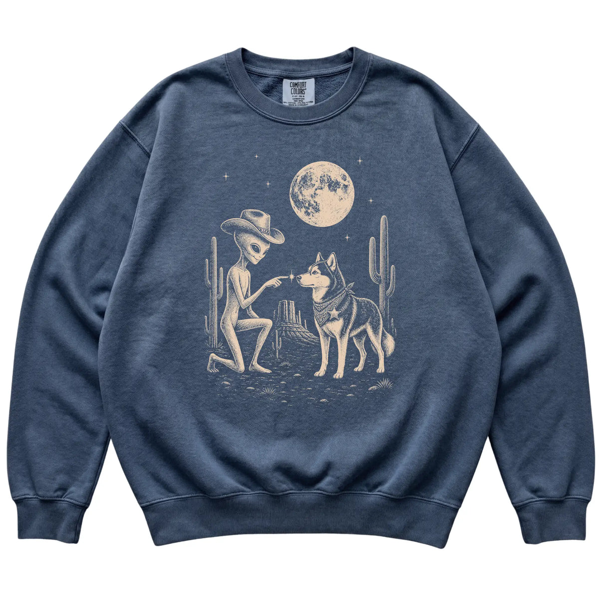 Denim Comfort Colors® sweatshirt featuring Husky Cowboy and Alien, laid-flat presentation
