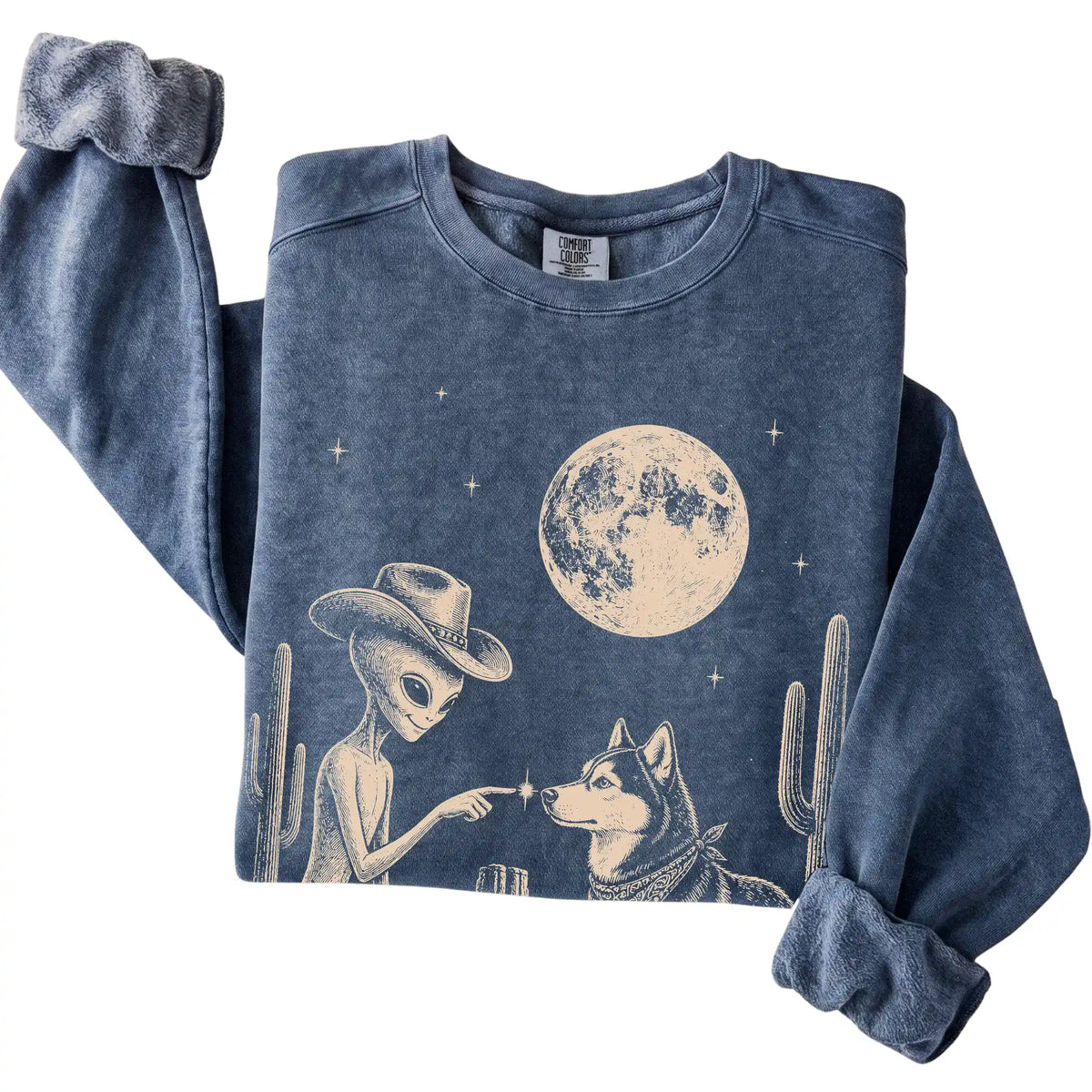 Denim Comfort Colors® sweatshirt featuring Husky Cowboy and Alien, folded presentation