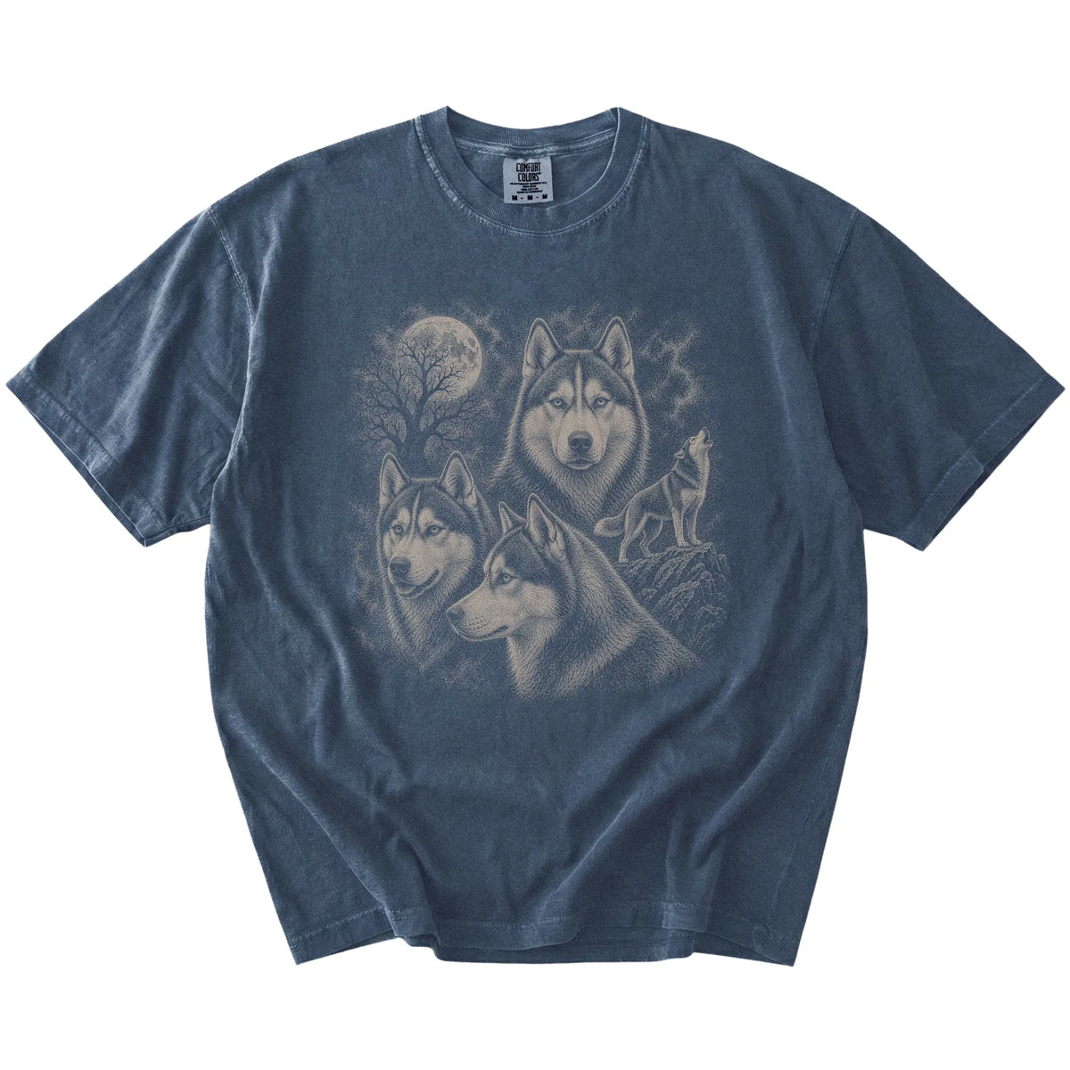 Vintage moon montage featuring Husky on a Denim Comfort Colors® T-shirt