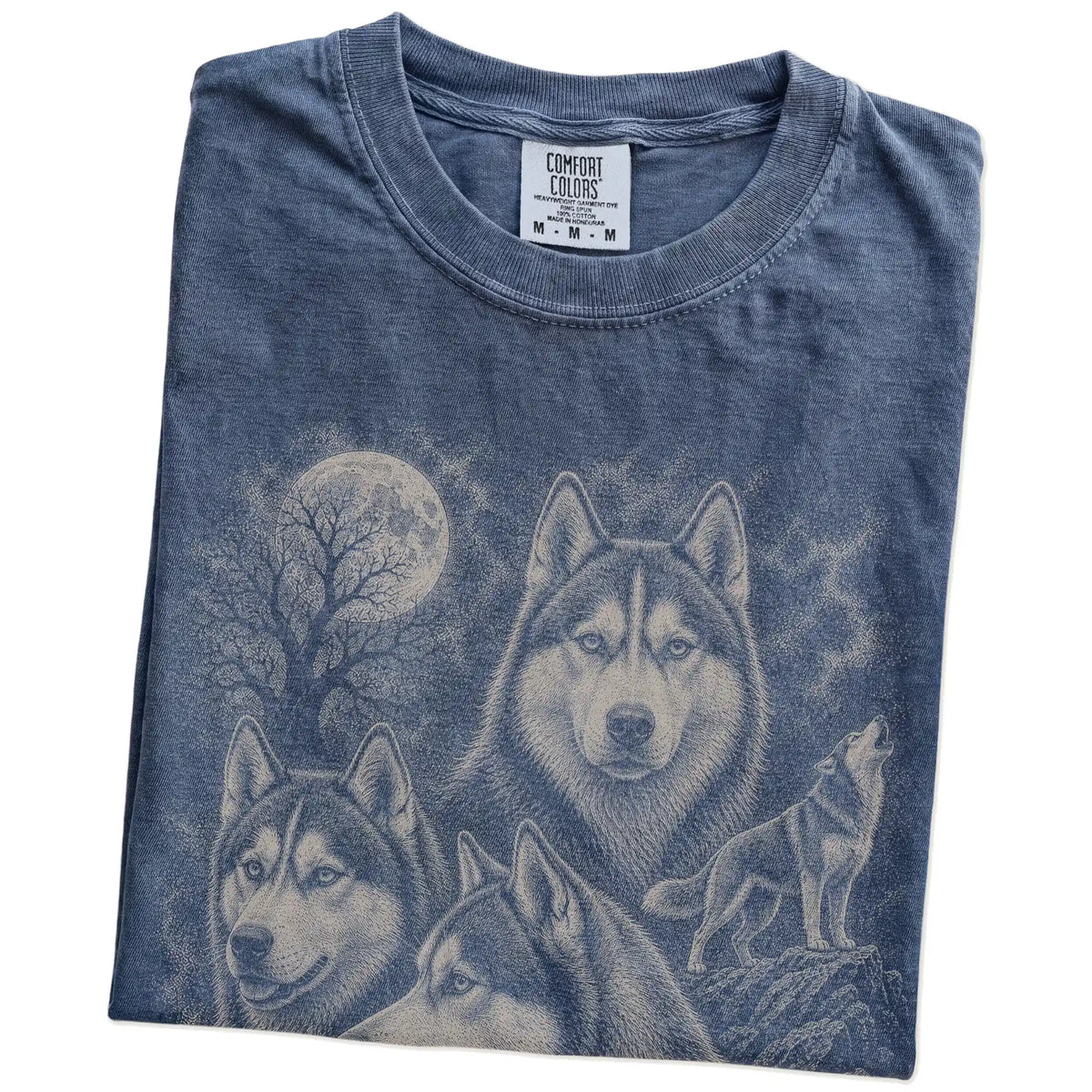 Folded Denim Comfort Colors® T-shirt showing a vintage moon montage featuring Husky