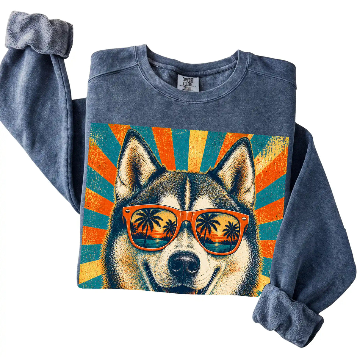 Folded Denim Comfort Colors sweatshirt with a Retro Husky Dad design