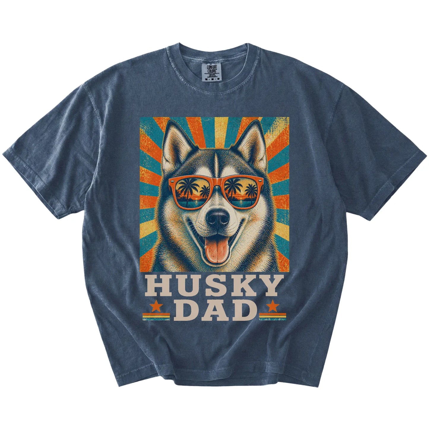 Retro Husky Dad design on a Denim Comfort Colors T-shirt