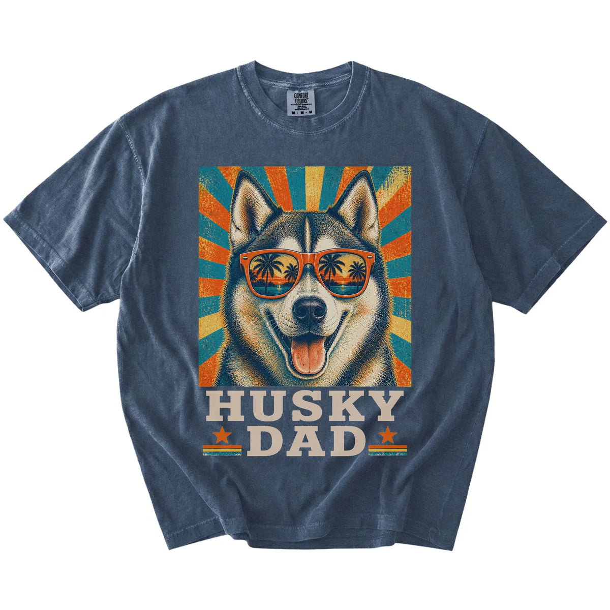 Retro Husky Dad design on a Denim Comfort Colors T-shirt