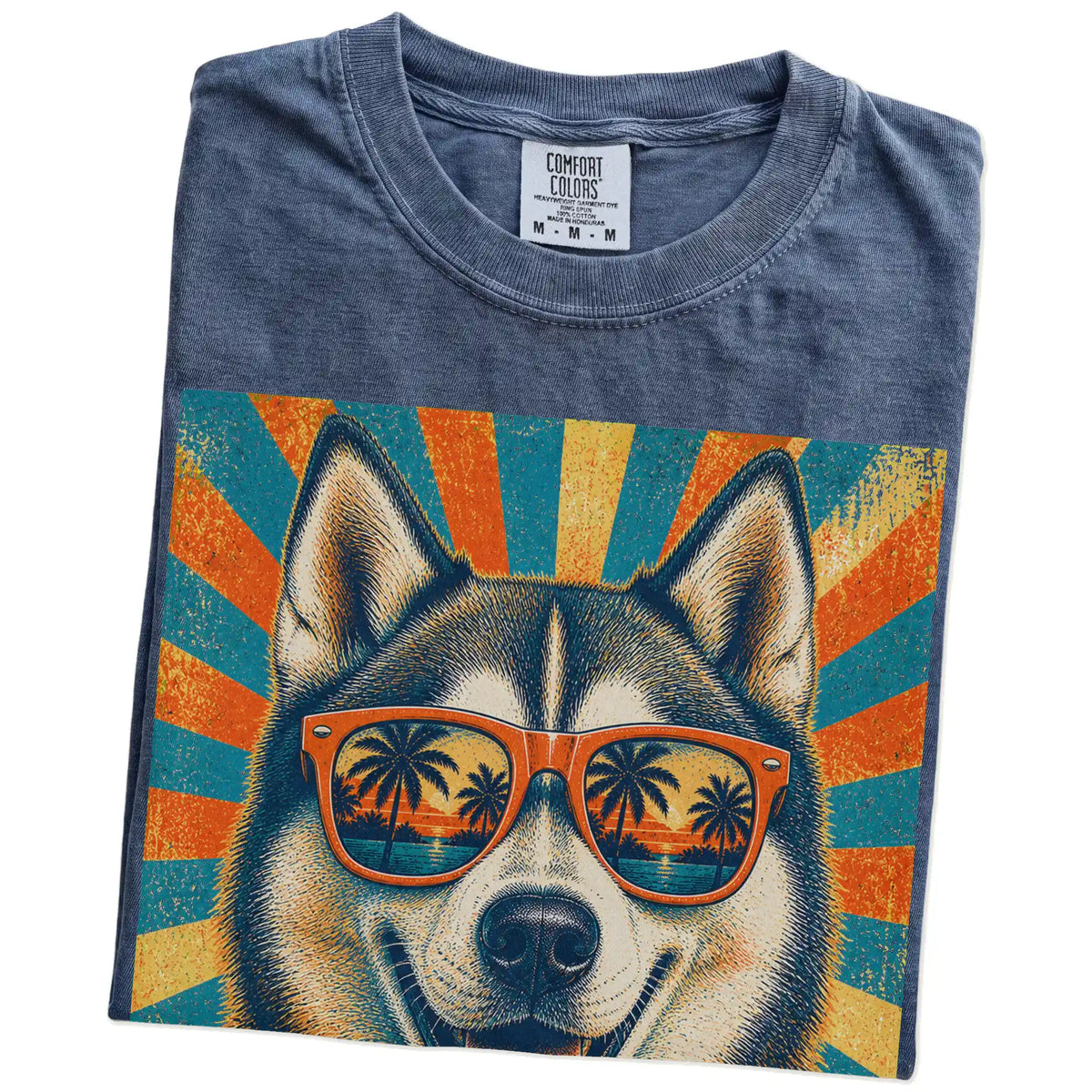 Retro Husky Dad design on a Denim Comfort Colors T-shirt folded detail