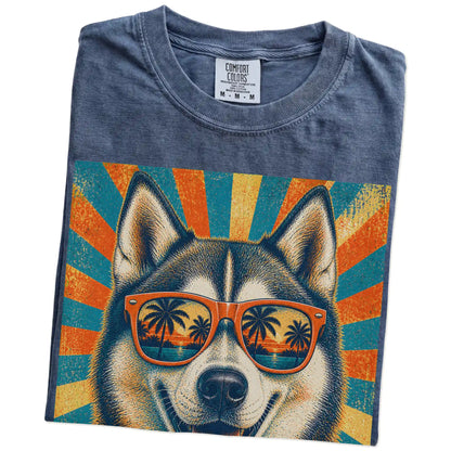 Retro Husky Dad design on a Denim Comfort Colors T-shirt folded detail
