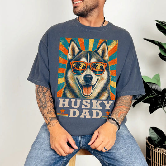 Retro Husky Dad design on a Denim Comfort Colors T-shirt worn by a model
