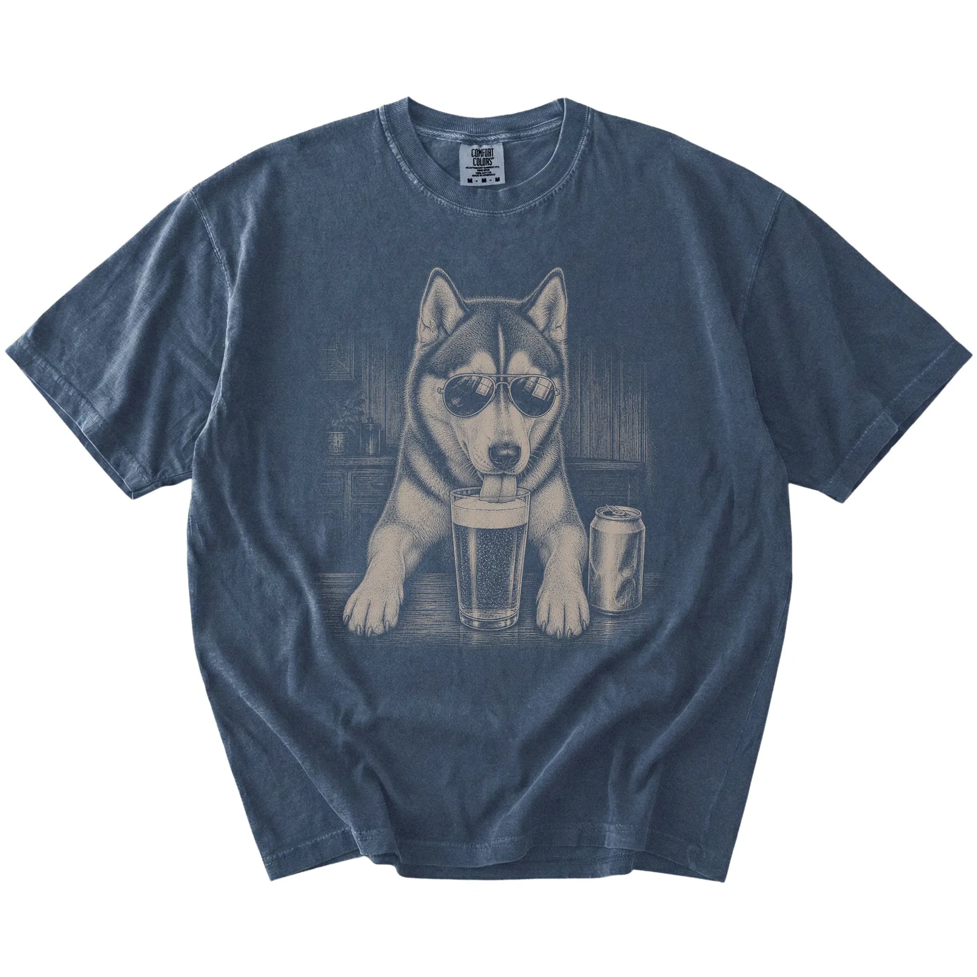 Husky sneaking a drink from a foamy pint at home on a Denim Comfort Colors® t-shirt