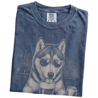 Folded Denim Comfort Colors® t-shirt showing Husky sneaking a drink from a pint