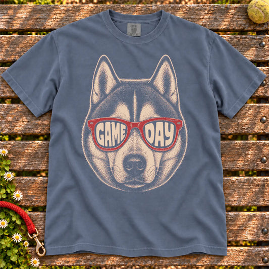 Husky Game Day design on a Denim Comfort Colors T-shirt, shown flat
