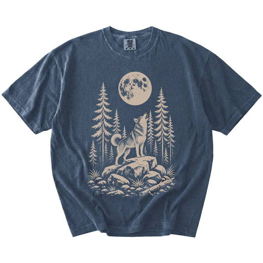 Husky howling beneath the moon and pine trees on a Denim Comfort Colors® T-shirt